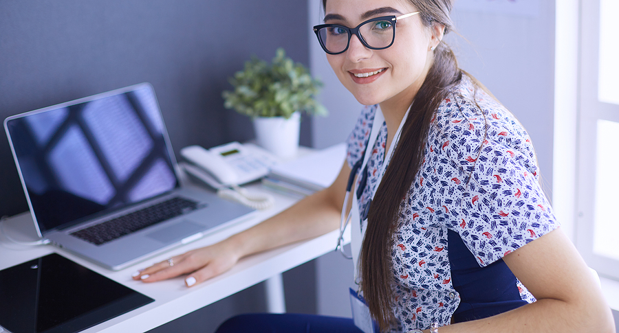 Medical assistant student studying before class.